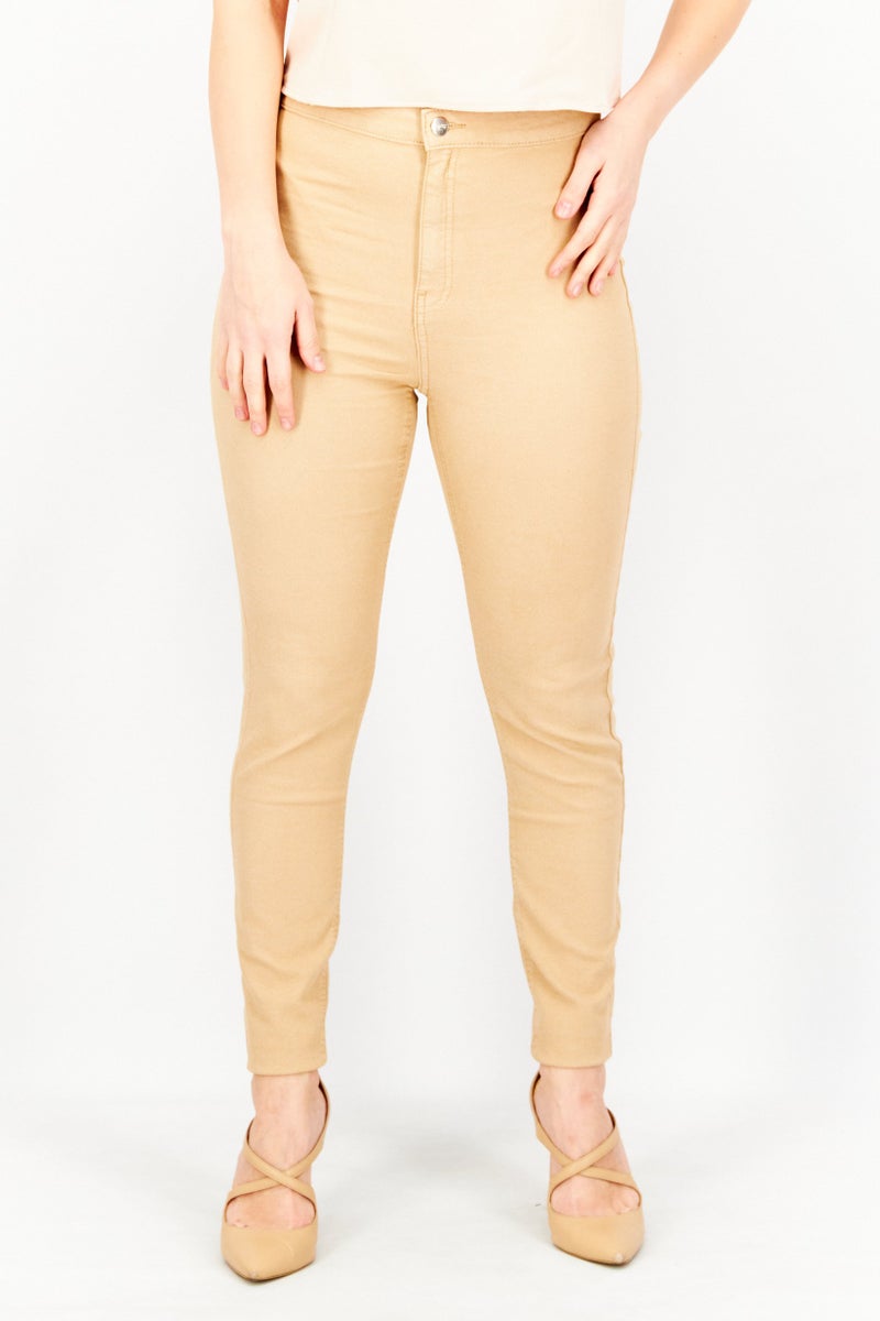 Sinsay Women Skinny Fit Plain Pants, Tan - Image 1